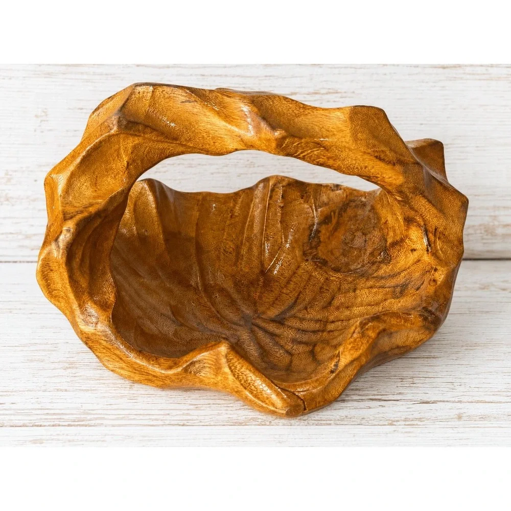 Vintage Primitive Burl Wood Basket Bowl Handled Hand Carved Rustic
